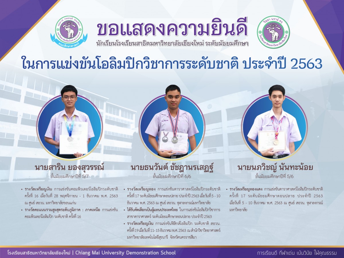 นักเรียนโรงเรียนสาธิตมหาวิทยาลัยเชียงใหม่ ได้รับรางวัลจากการแข่งขันโอลิมปิก ระดับชาติ ประจำปี 2563