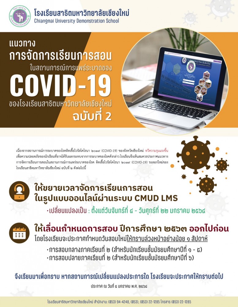 ประกาศฉบับที่ 2 แนวทางการจัดการเรียนการสอนในสถานการณ์การแพร่ระบาดของ COVID-19 โรงเรียนสาธิตมหาวิทยาลัยเชียงใหม่ 
