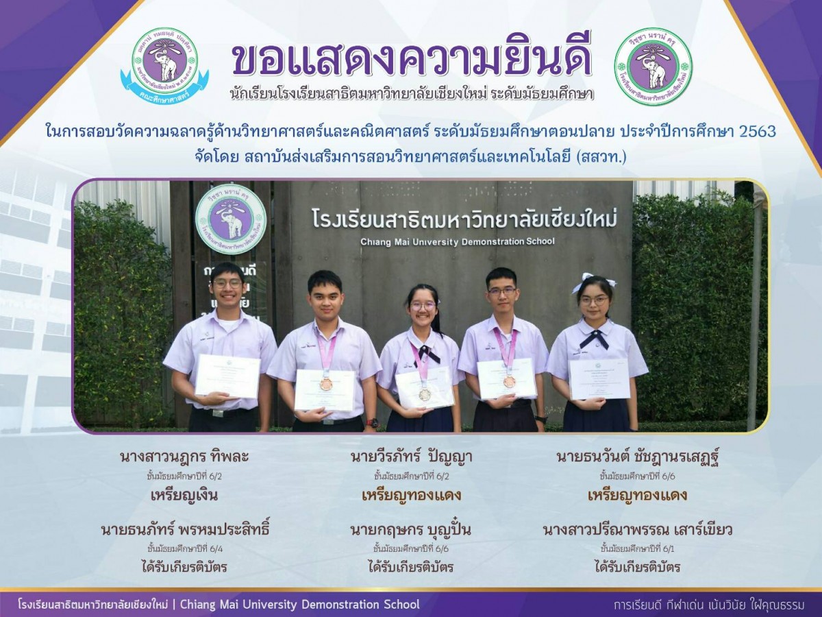 นักเรียนสาธิตฯ ได้รับรางวัลจากการสอบวัดความฉลาดรู้ด้านวิทยาศาสตร์และคณิตศาสตร์ ระดับมัธยมศึกษาตอนปลาย ประจำปีการศึกษา 2563 ของ สสวท.