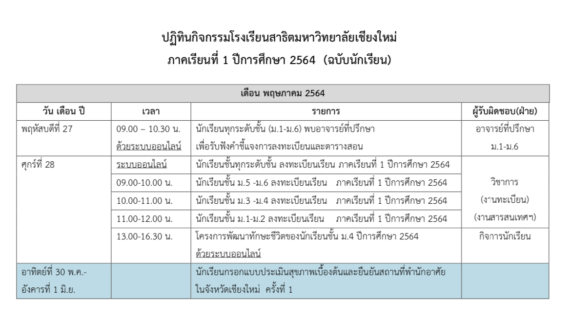 ปฏิทินกิจกรรมโรงเรียนสาธิตมหาวิทยาลัยเชียงใหม่ ภาคเรียนที่ 1 ปีการศึกษา 2564 (ฉบับนักเรียน)