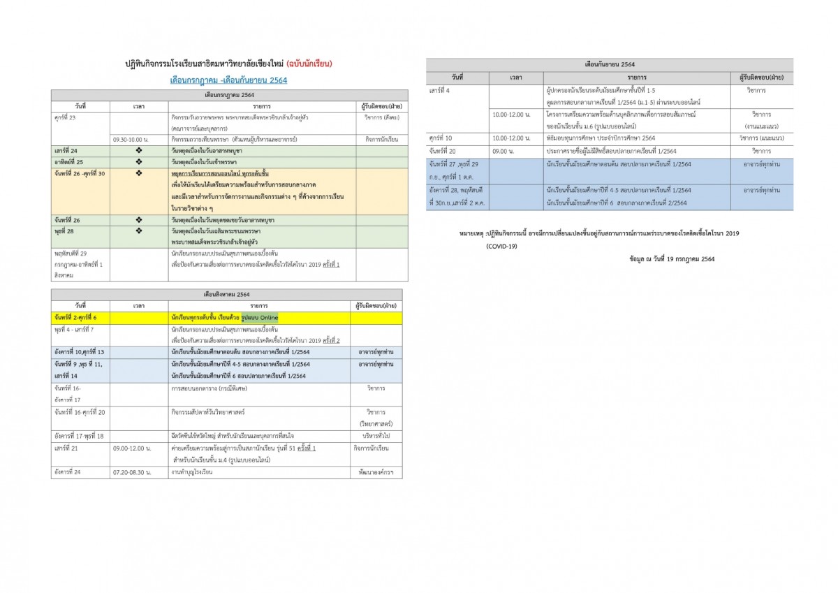 ปฏิทินกิจกรรมโรงเรียนสาธิตมหาวิทยาลัยเชียงใหม่ (ฉบับนักเรียน) เดือนกรกฎาคม - เดือนกันยายน 2564