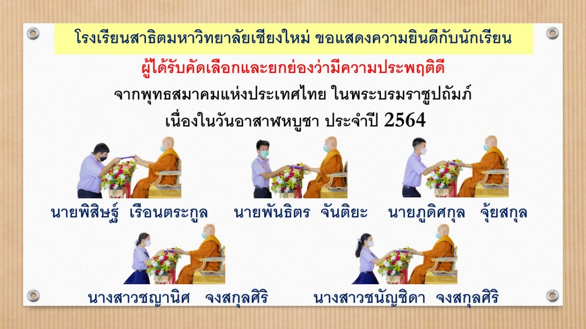 นักเรียน สาธิตฯ มช. ได้รับคัดเลือกและยกย่องว่ามีความประพฤติดี จากพุทธสมาคมแห่งประเทศไทยในพระบรมราชูปถัมภ์ เนื่องในวันอาสาฬหบูชาประจำปี 2564