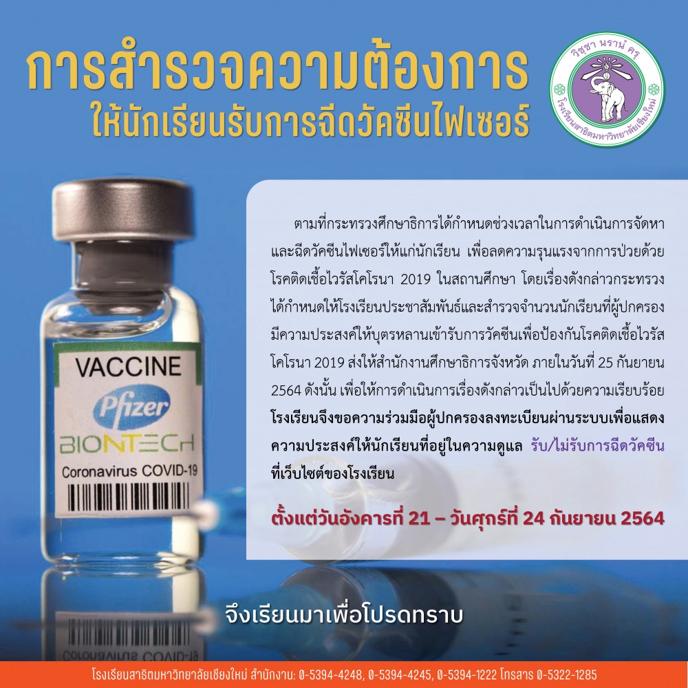 ประกาศโรงเรียนสาธิตมหาวิทยาลัยเชียงใหม่ : การสำรวจความต้องการ ให้นักเรียนรับการฉีดวัคซีนไฟเซอร์