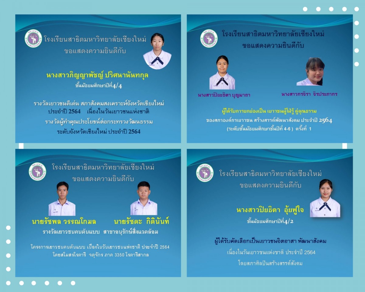 โรงเรียนสาธิตมหาวิทยาลัยเชียงใหม่ ขอแสดงความยินดีแก่นักเรียน ที่ได้รับรางวัลเยาวชนสาขาต่างๆดังนี้