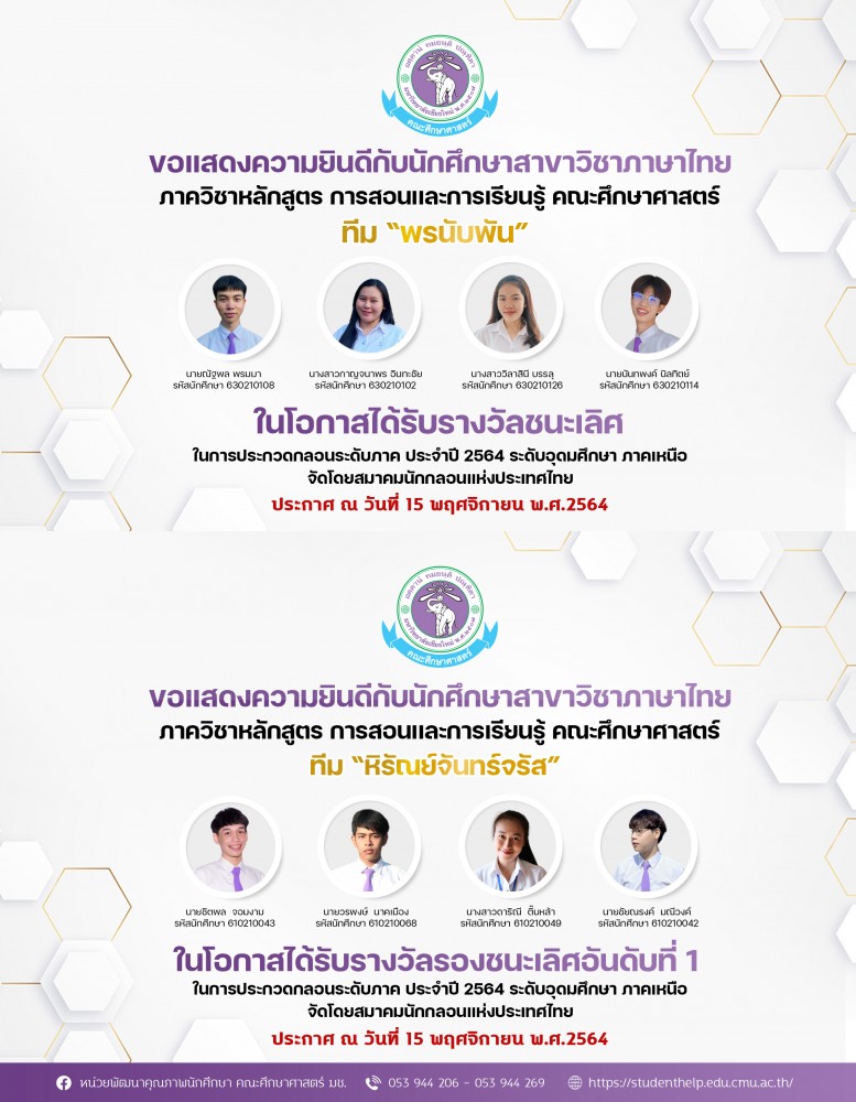 นักศึกษาสาขาวิชาภาษาไทย ได้รับรางวัลชนะเลิศในการประกวดกลอนระดับภาค ประจำปี 2564 จัดโดยสมาคมนักกลอนแห่งประเทศไทย