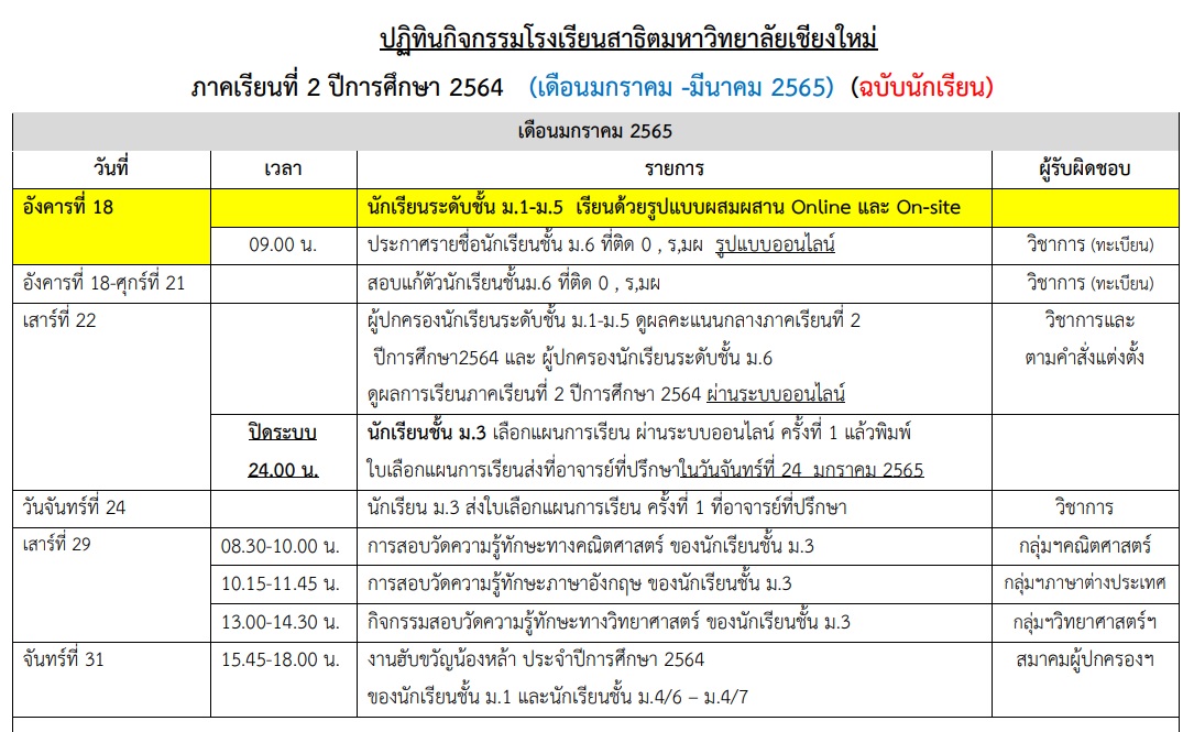 ปฏิทินกิจกรรมโรงเรียนสาธิตมหาวิทยาลัยเชียงใหม่ ภาคเรียนที่ 2 ปีการศึกษา 2564 (เดือนมกราคม - เดือนมีนาคม 2565) (ฉบับนักเรียน)