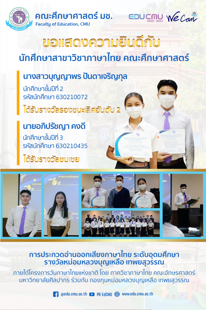 นักศึกษาสาขาวิชาภาษาไทย ได้รับรางวัลรองชนะเลิศอันดับ 2 และ รางวัลชมเชย จากการประกวดอ่านออกเสียงภาษาไทย ระดับอุดมศึกษา รางวัลหม่อมหลวงบุญเหลือ เทพยสุวรรณ 