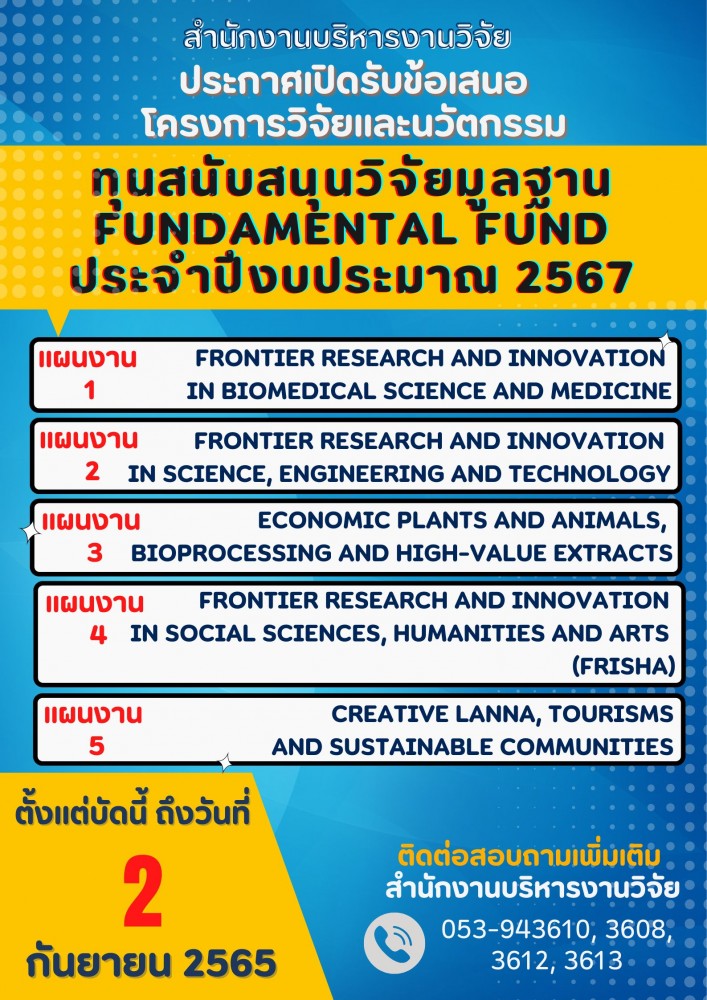 เรื่อง  เปิดรับข้อเสนอโครงการวิจัยทุน Fundamental Fund ประจำปีงบประมาณ พ.ศ. 2567