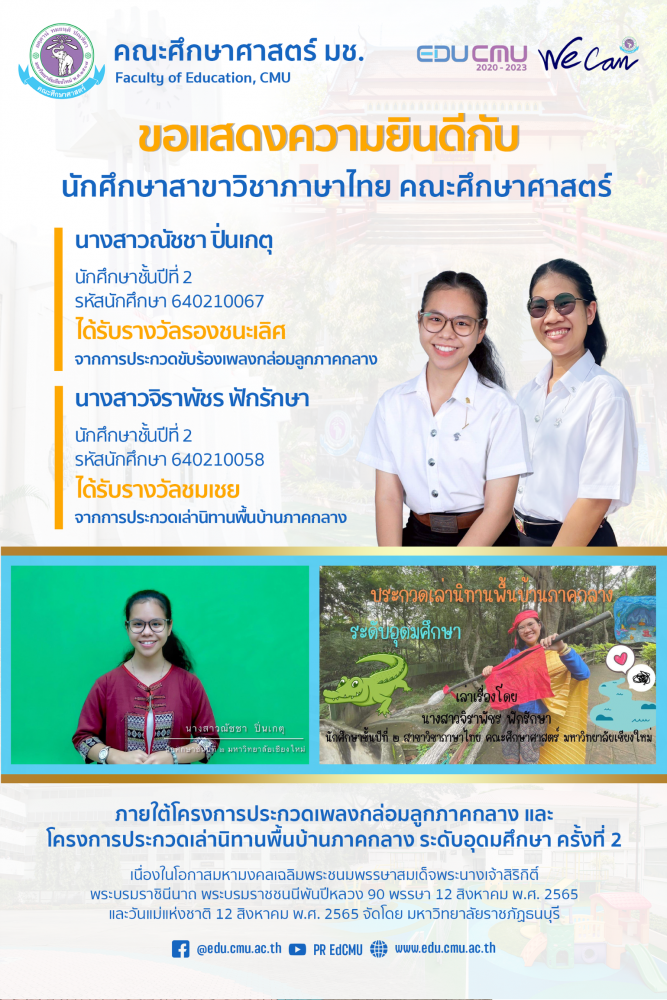 นักศึกษาสาขาวิชาภาษาไทย ได้รับรางวัลรองชนะเลิศ และ รางวัลชมเชย จากโครงการประกวดเพลงกล่อมลูกภาคกลาง และ โครงการประกวดเล่านิทานพื้นบ้านภาคกลาง ระดับอุดมศึกษา ครั้งที่ 2