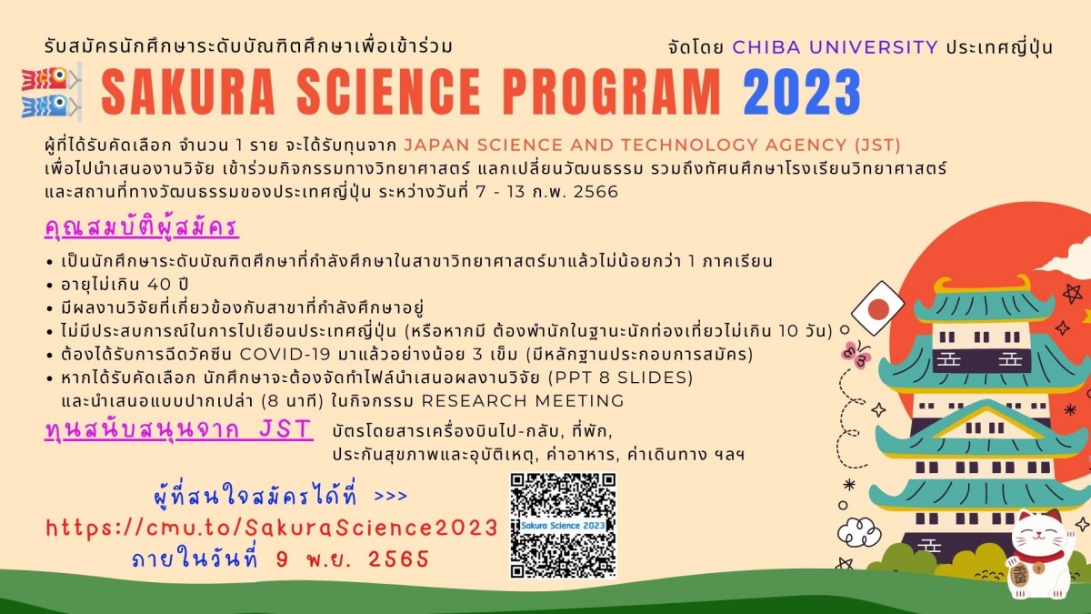 รับสมัครนักศึกษาระดับบัณฑิตศึกษาเพื่อรับทุนเข้าร่วม Sakura Science Program 2023 ณ ประเทศญี่ปุ่น