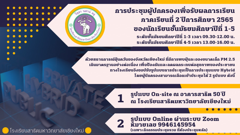 เรียนเชิญผู้ปกครองนักเรียนชั้นมัธยมศึกษาปีที่ 1-5 ปีการศึกษา 2565 เข้าร่วมประชุมเพื่อรับผลการเรียนภาคเรียนที่ 2/2565 ณ โรงเรียนสาธิตมหาวิทยาลัยเชียงใหม่ ในวันเสาร์ที่ 8 เมษายน 2566