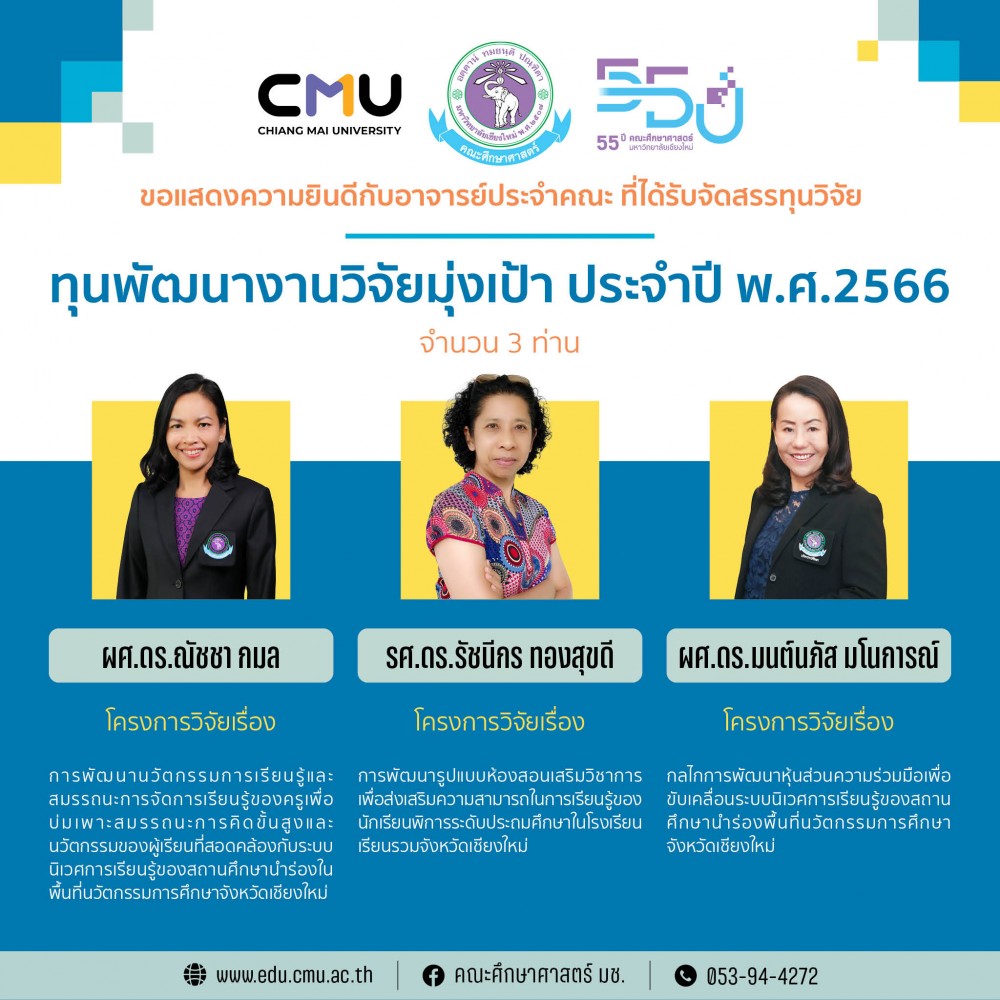 ผลการจัดสรรทุนพัฒนางานวิจัยมุ่งเป้า ประจำปี พ.ศ.2566 โดยมีรายชื่อคณาจารย์ คณะศึกษาศาสตร์ มหาวิทยาลัยเชียงใหม่ จำนวน 3 ท่าน