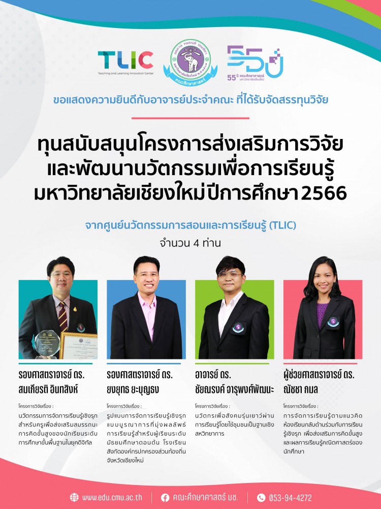 ผลการจัดสรรทุนจากศูนย์นวัตกรรมการสอนและการเรียนรู้ (TLIC) ทุนสนับสนุนโครงการส่งเสริมการวิจัยและพัฒนานวัตกรรมเพื่อการเรียนรู้ มหาวิทยาลัยเชียงใหม่  ปีการศึกษา 2566 คณะศึกษาศาสตร์ มหาวิทยาลัยเชียงใหม่ จำนวน 4 ท่าน 