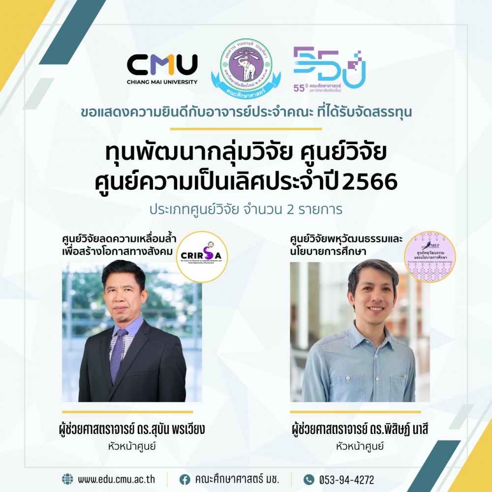 ผลการจัดสรรทุนพัฒนากลุ่มวิจัย ศูนย์วิจัย ศูนย์ความเป็นเลิศ ประจำปี พ.ศ.2566 ประเภท ศูนย์วิจัย มีรายชื่อของคณะศึกษาศาสตร์ 2 รายการ