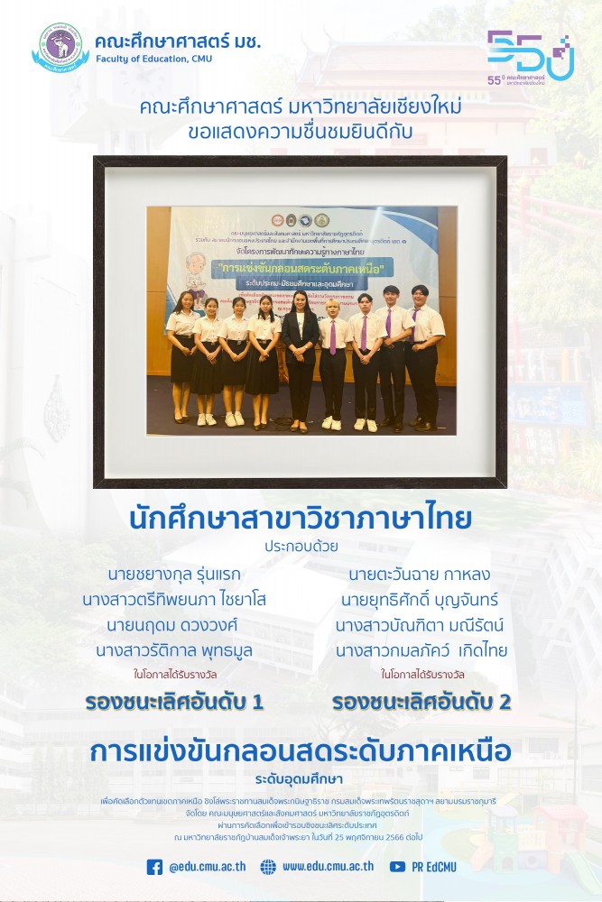 นักศึกษาสาขาวิชาภาษาไทย ได้รับรางวัลรองชนะเลิศอันดับ 1 และรองชนะเลิศอันดับ 2 การแข่งขันกลอนสดระดับภาคเหนือระดับอุดมศึกษา จัดโดย มหาวิทยาลัยราชภัฏอุตรดิตถ์ 