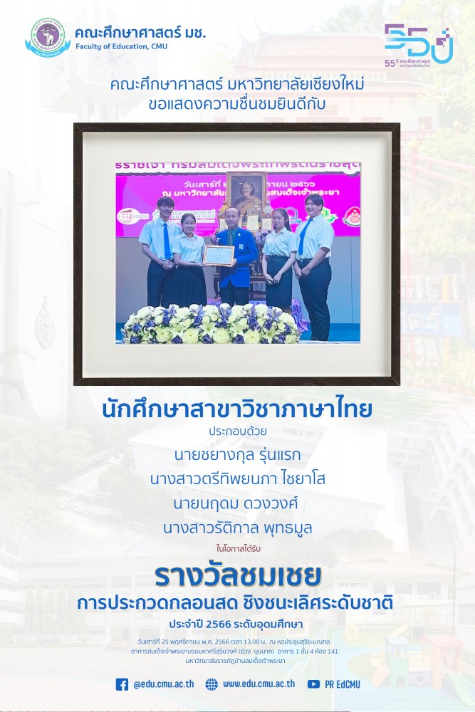  นักศึกษาสาขาวิชาภาษาไทย ได้รับรางวัลรองชมเชย จากโครงการประกวดกลอนสด ชิงชนะเลิศระดับชาติ ประจำปี 2566 