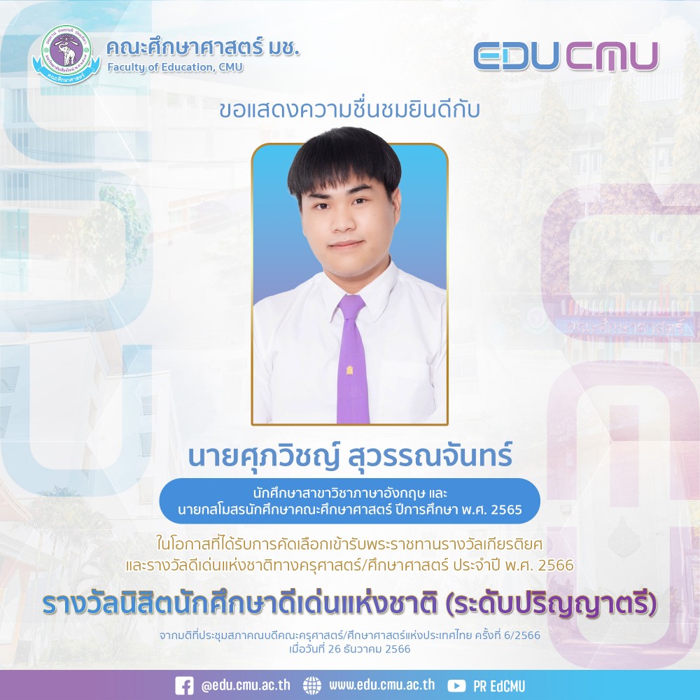นักศึกษาสาขาวิชาภาษาอังกฤษ ได้รับการคัดเลือกเข้ารับพระราชทานรางวัลนิสิตนักศึกษาดีเด่นแห่งชาติ (ระดับปริญญาตรี) จากมติที่ประชุมสภาคณบดีคณะครุศาสตร์/ศึกษาศาสตร์แห่งประเทศไทย ครั้งที่ 6/2566
