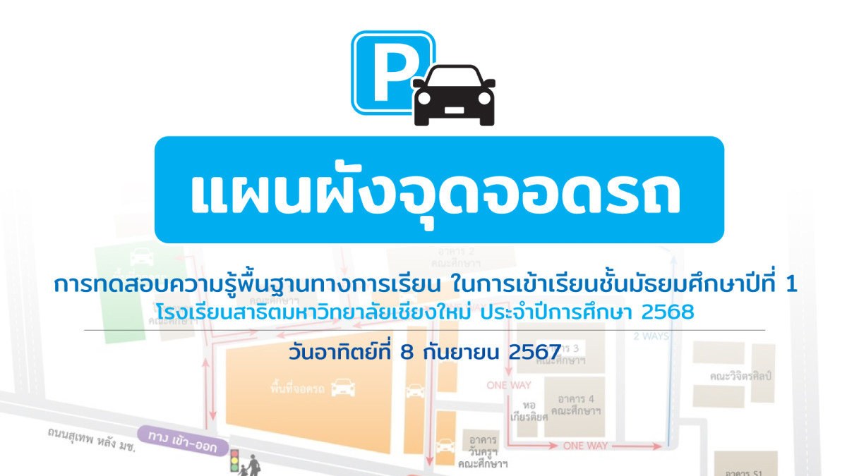 แผนผังจุดจอดรถ การทดสอบความรู้พื้นฐานทางการเรียนในการเข้าเรียนชั้น ม.1 โรงเรียนสาธิต มช.