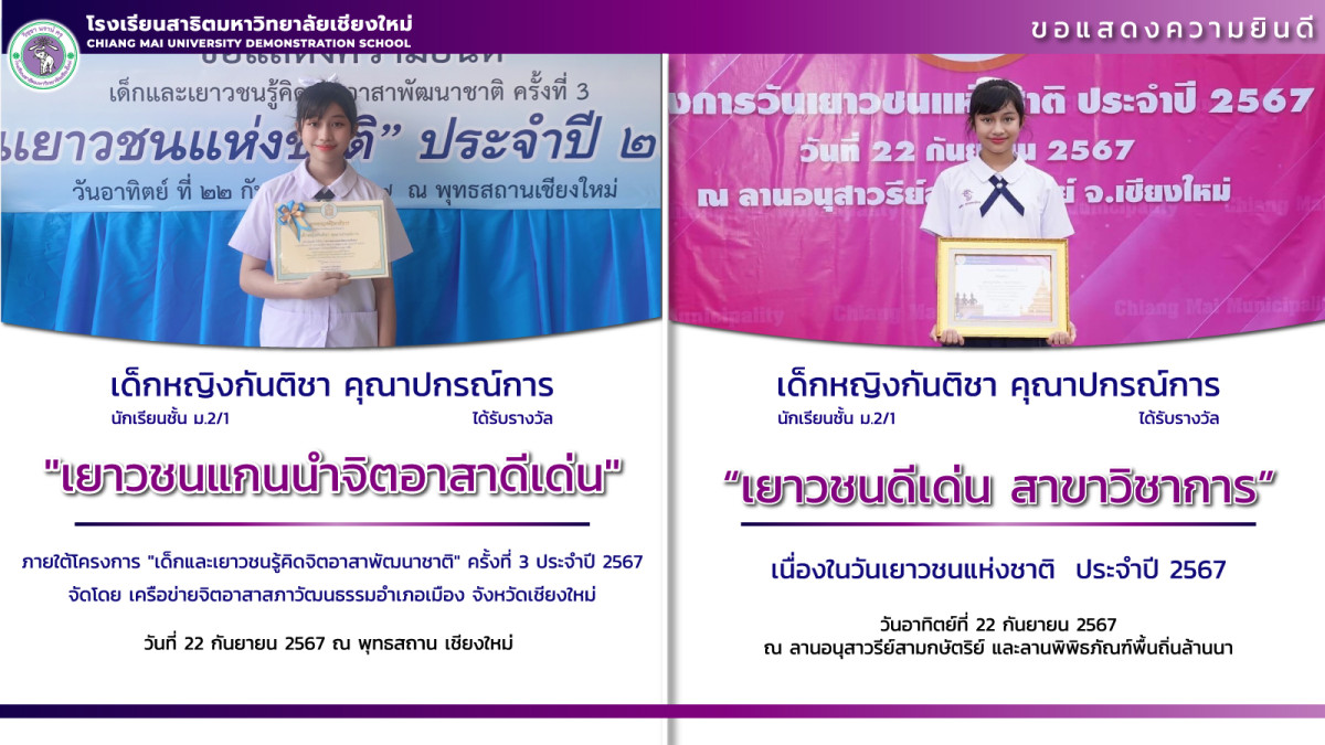 เด็กหญิงกันติชา คุณาปกรณ์การ ได้รับรางวัล เยาวชนแกนนำจิตอาสาดีเด่น และ รางวัล เยาวชนดีเด่น สาขาวิชาการ