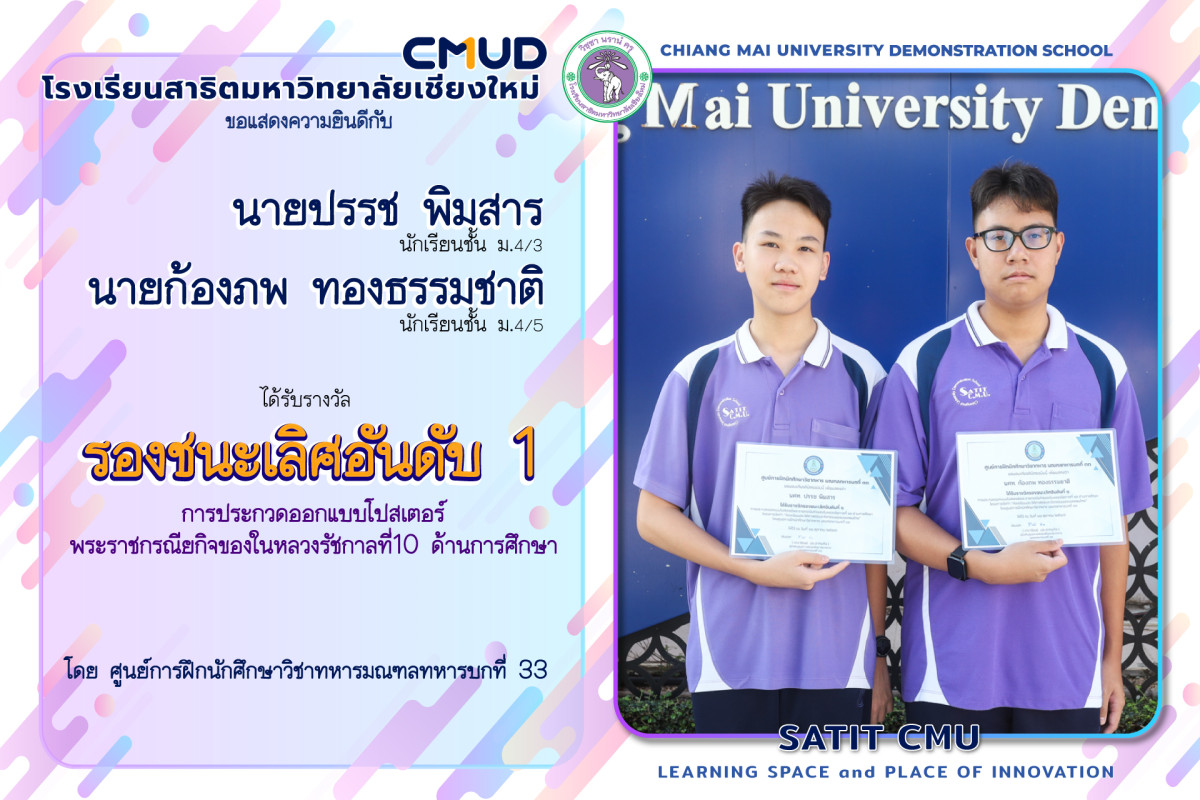 นักเรียนสาธิต มช. ได้รับรางวัลรองชนะเลิศอันดับ 1 การประกวดออกแบบโปสเตอร์พระราชกรณียกิจของนายหลวงรัชกาลที่ 10 ด้านการศึกษา