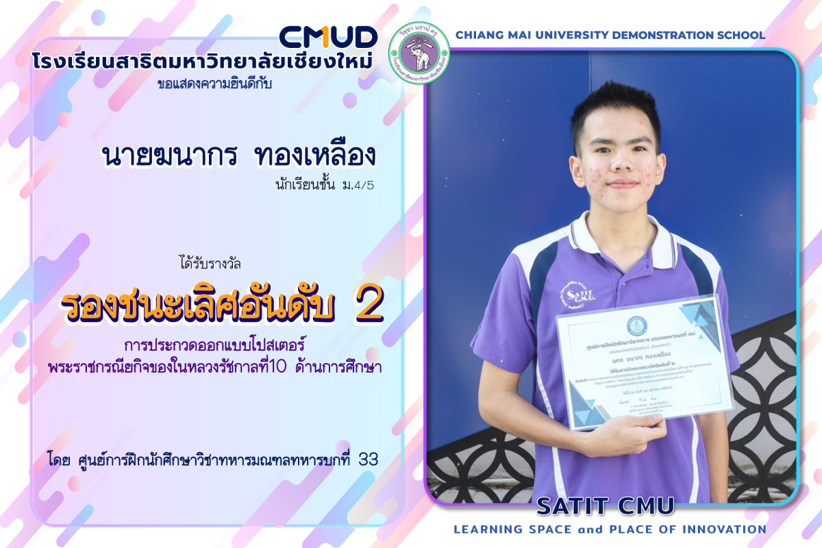 นาย​ฆนากร​ ทองเหลือง ได้รับรางวัลรองชนะเลิศอันดับ 2 การประกวดออกแบบโปสเตอร์พระราชกรณียกิจของนายหลวงรัชกาลที่ 10 ด้านการศึกษา 