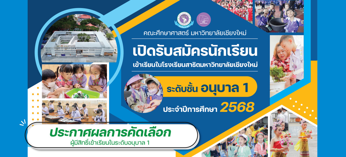 ประกาศ ผลการคัดเลือกนักเรียนเพื่อเข้าศึกษาต่อ ชั้น อ.1 โรงเรียนสาธิต มช. ระดับอนุบาลและประถมศึกษา ปีการศึกษา 2568