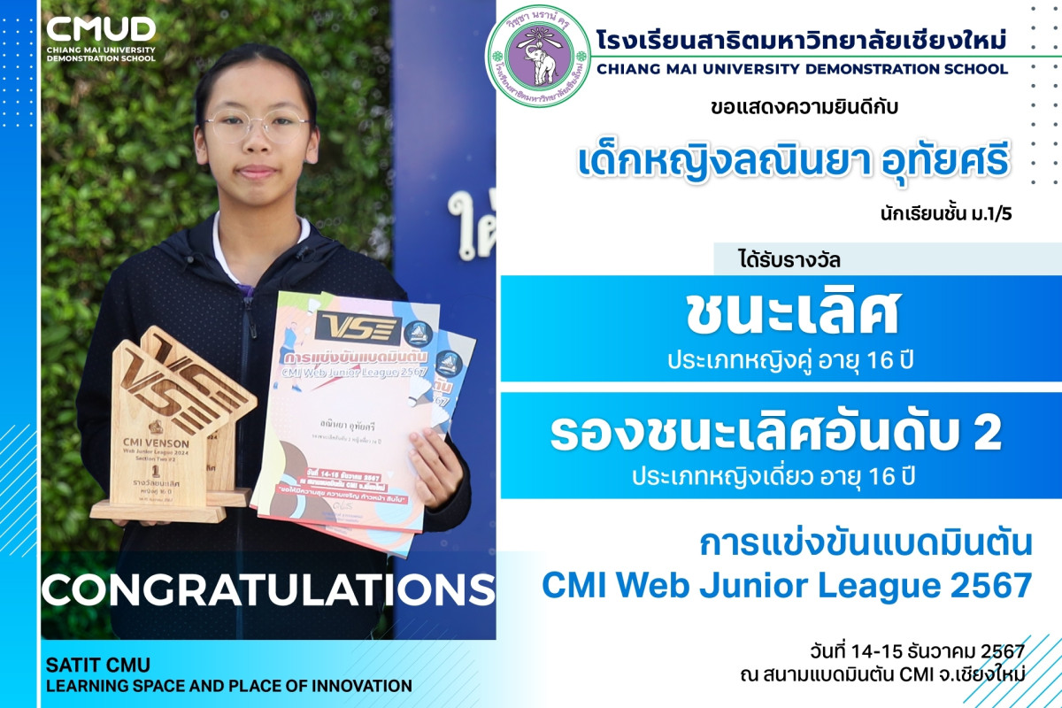 เด็กหญิงลณินยา อุทัยศรี ได้รับรางวัลชนะเลิศหญิง และรองชนะเลิศอันดับ 2 