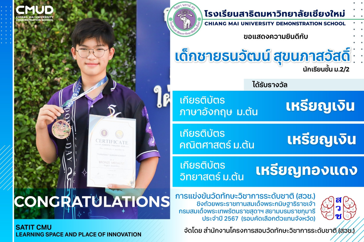 เด็กชายธนวัฒน์ สุขนภาสวัสดิ์  ได้รับ 3 รางวัล จากการแข่งขันวัดทักษะวิชาการระดับชาติ (สวช.)