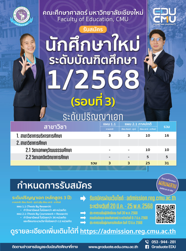 เปิดรับสมัครนักศึกษาระดับบัณฑิตศึกษา (ป.โท-เอก) คณะศึกษาศาสตร์ มหาวิทยาลัยเชียงใหม่ ภาคเรียนที่ 1 ปีการศึกษา 2568 (รอบที่ 3)