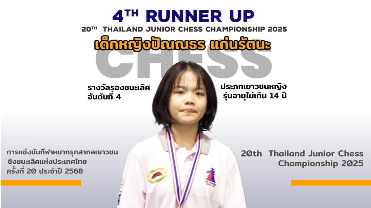 ด.ญ.ปัณณธร แก่นรัตนะ รองชนะเลิศอันดับที่ 4 หมากรุกสากลชิงแชมป์ปะเทศไทย