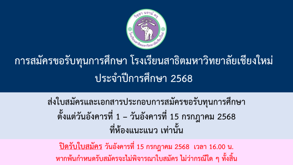 การสมัครขอรับทุนการศึกษา โรงเรียนสาธิตมหาวิทยาลัยเชียงใหม่ ประจำปีการศึกษา 2568