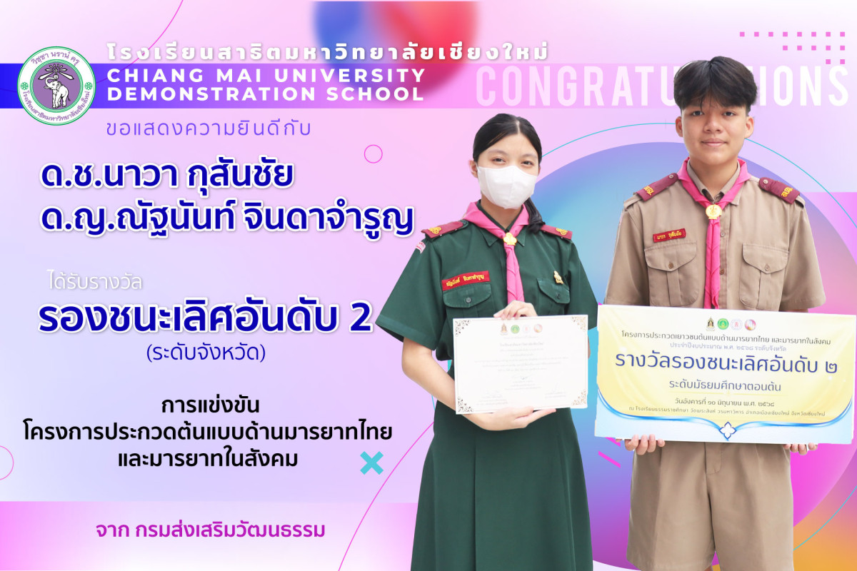 รางวัลรองชนะเลิศ อันดับ 2 จากการแข่งขันโครงการประกวดต้นแบบด้านมารยาทไทย และมารยาทในสังคม