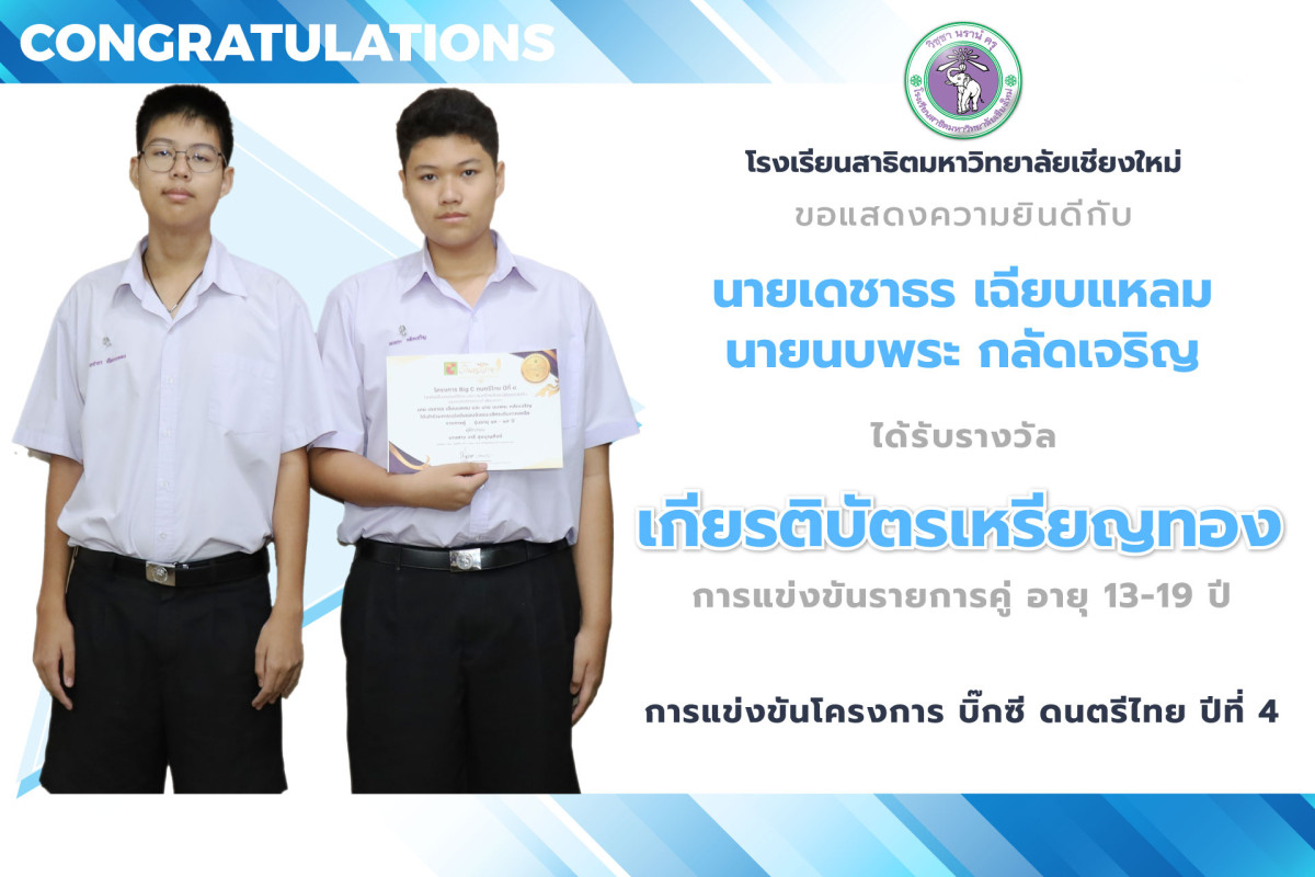 เดชาธร เฉียบแหลม และ นบพระ กลัดเจริญ ได้รับเกียรติบัตรเหรียญทอง การแข่งขันดนตรีไทย