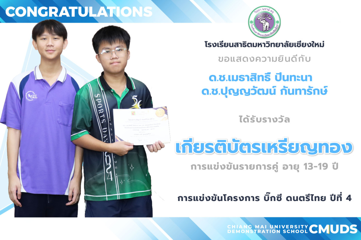 เมธาสิทธิ์ ปินทะนา และ ปุญญวัฒน์ กันทารักษ์ ได้รับเกียรติบัตรเหรียญทอง การแข่งขันดนตรีไทย