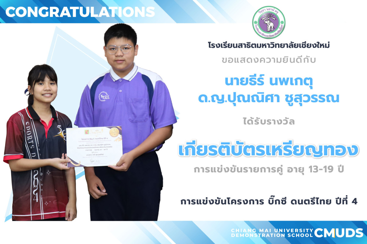 ธีร์ นพเกตุ และ ปุณณิศา ชูสุวรรณ ได้รับเกียรติบัตรเหรียญทอง การแข่งขันดนตรีไทย