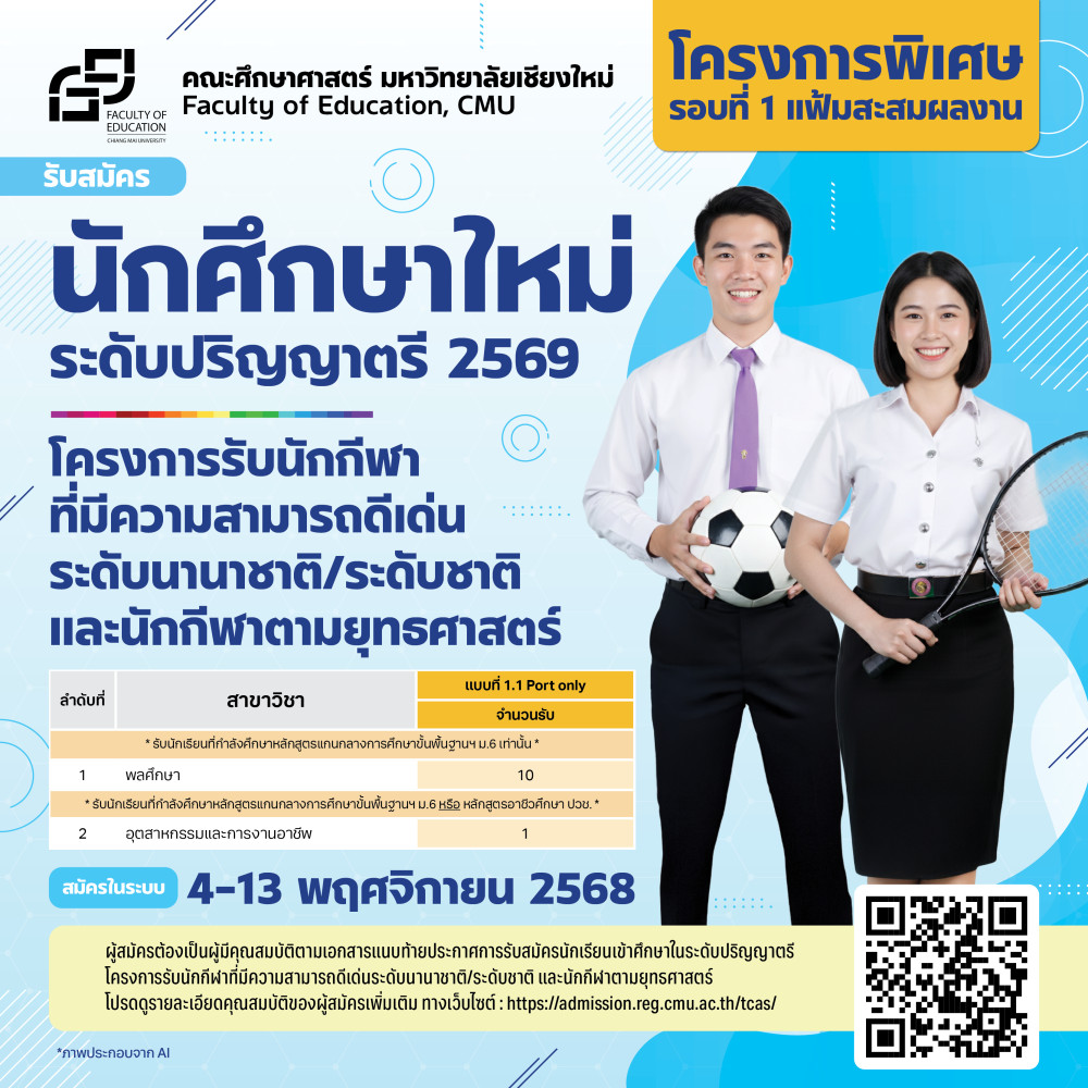 ประกาศรับสมัคร: TCAS 2569 โครงการพิเศษ รอบที่ 1 (Portfolio) การรับนักกีฬาที่มีความสามารถดีเด่น ระดับนานาชาติ/ระดับชาติ และนักกีฬาตามยุทธศาสตร์