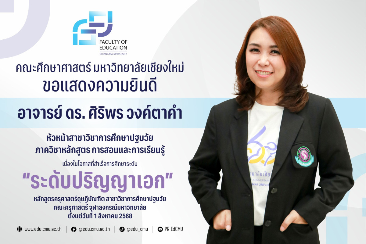 อาจารย์ ดร. ศิริพร วงค์ตาคำ สาขาวิชาการศึกษาปฐมวัย สำเร็จการศึกษา ระดับปริญญาเอก