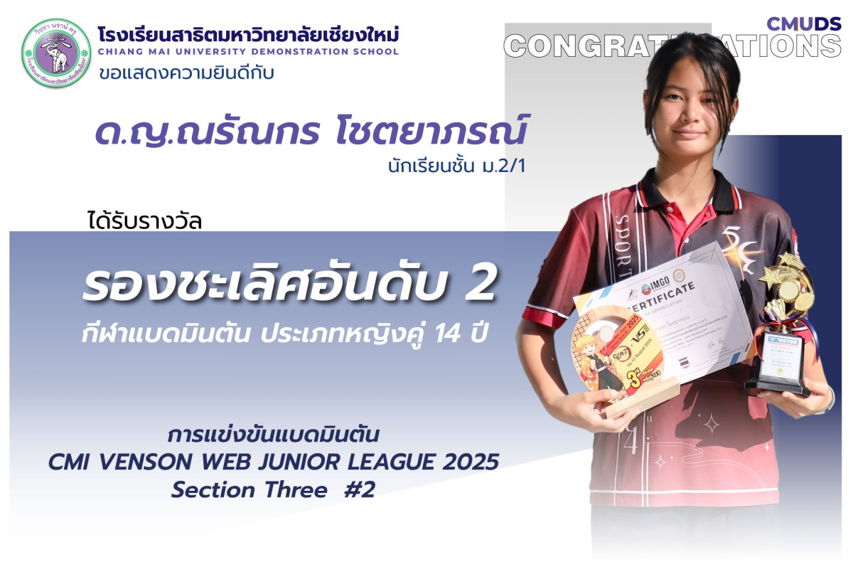 ณรัณกร โชตยาภรณ์ ได้รับรางวัลรองชนะเลิศอันดับ 2 แบดมินตัน ประเภทหญิงคู่ 14 ปี 