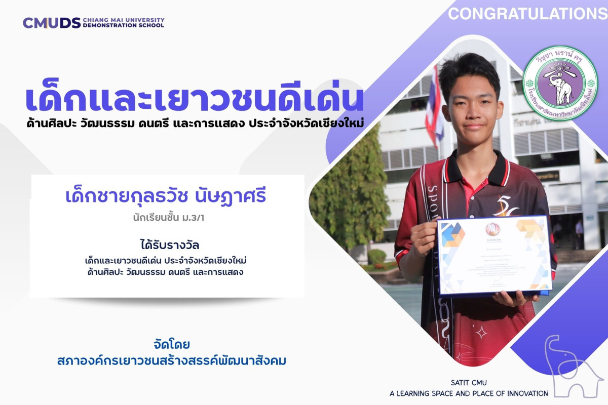 เด็กชายกุลธวัช นัษฏาศรี เด็กและเยาวชนดีเด่น ประจำจังหวัดเชียงใหม่