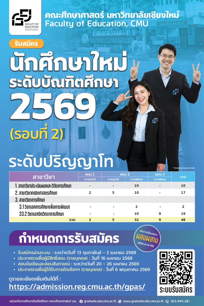 เปิดรับสมัครนักศึกษาระดับบัณฑิตศึกษา (ป.โท-เอก) คณะศึกษาศาสตร์ มหาวิทยาลัยเชียงใหม่ ภาคเรียนที่ 1 ปีการศึกษา 2569 (รอบที่ 2)