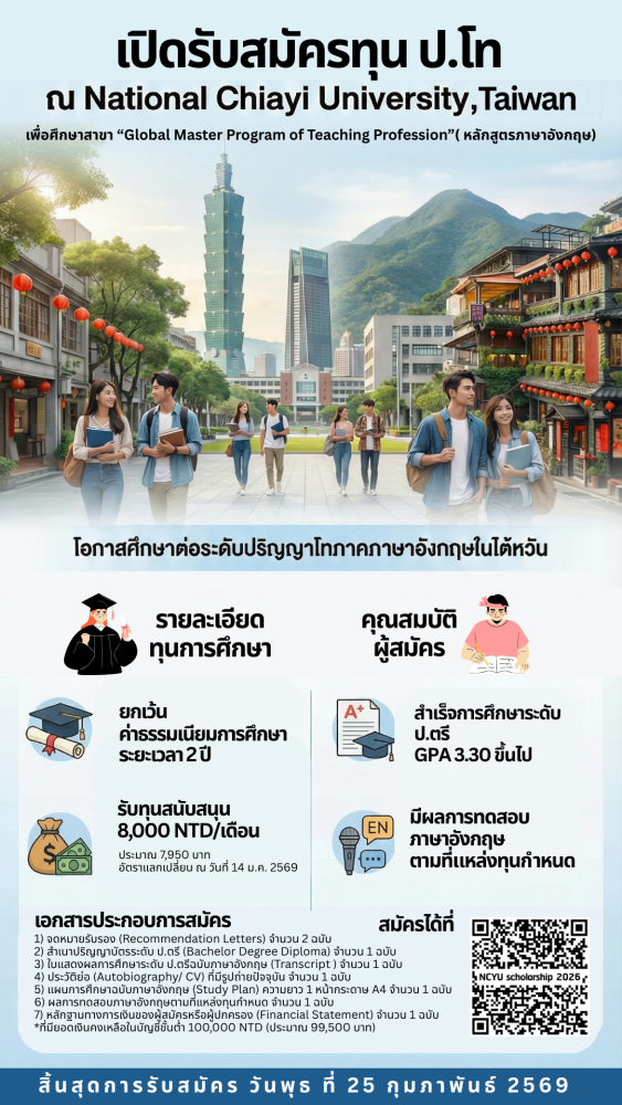 ทุน ป. โท ณ National Chiayi University (NYCU) ไต้หวัน