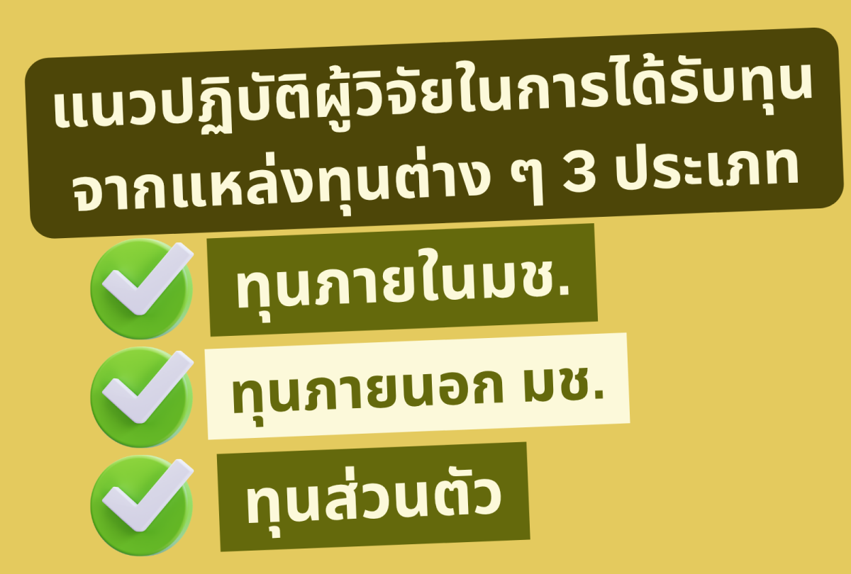 แนวปฏิบัติผู้วิจัยในการได้รับทุน จากแหล่งทุนต่าง ๆ 3 ประเภท (ทุนวิจัยภายในมช. ทุนวิจัยจากแหล่งทุนภายนอก และทุนวิจัยส่วนตัว)