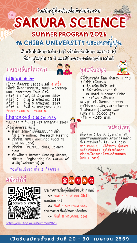 รับสมัครนักศึกษาเข้าร่วมโครงการ SAKURA SCIENCE Program 2026 ณ Chiba University ประเทศญี่ปุ่น