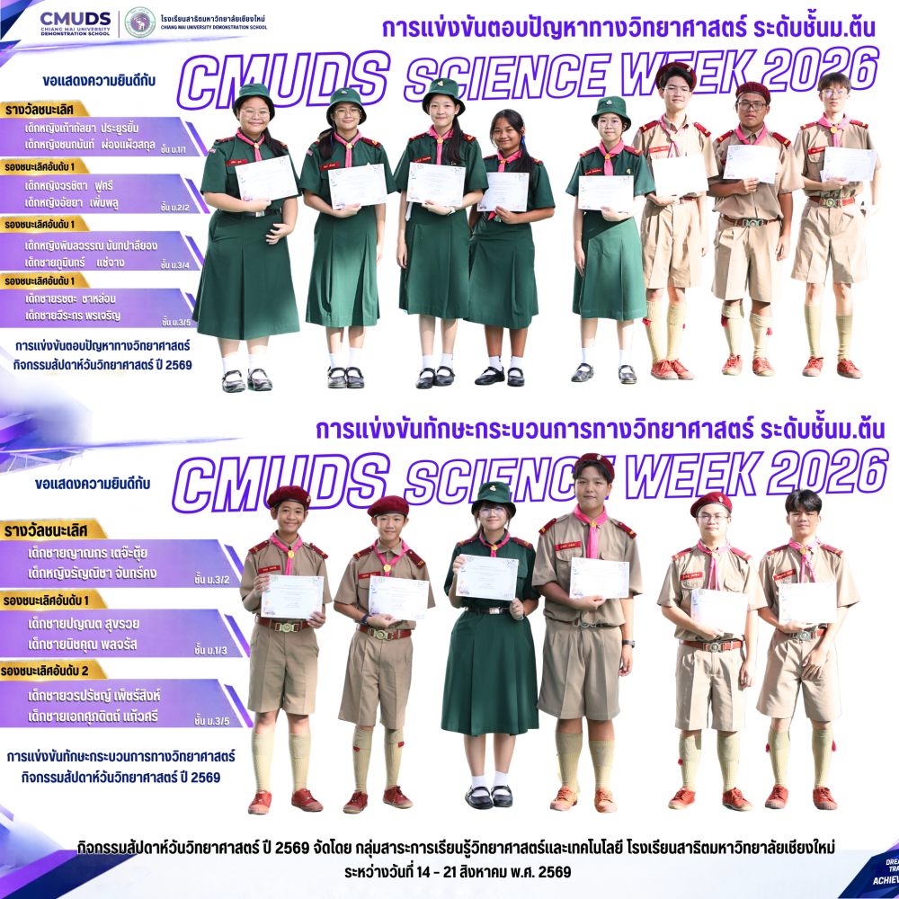 รางวัลการแข่งขันตอบปัญหาทางวิทยาศาสตร์ และ การแข่งขันทักษะกระบวนการทางวิทยาศาสตร์ ระดับชั้น ม.ต้น สัปดาห์วิทยาศาสตร์ 2569